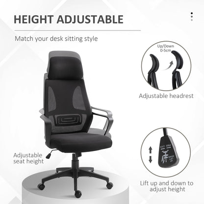 Ergonomic Office Chair, High Back Computer Chair, Mesh Desk Chair with Lumbar Support, Headrest, Wheel, Adjustable Height, Black