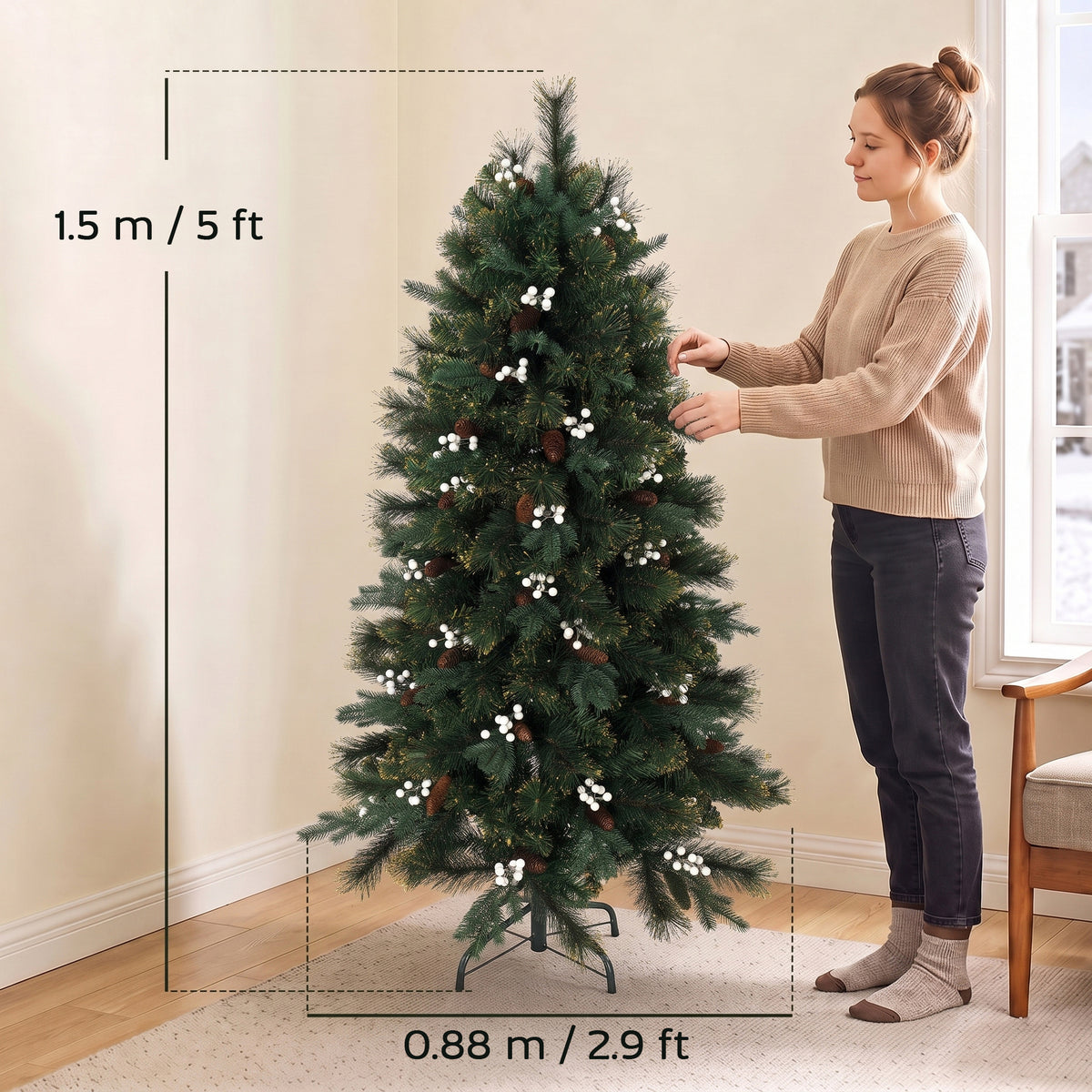 5ft Artificial Christmas Tree, Fir Hinged Xmas Tree with 490 Branch Tips, Foldable Metal Stand, Easy Assembly, Green