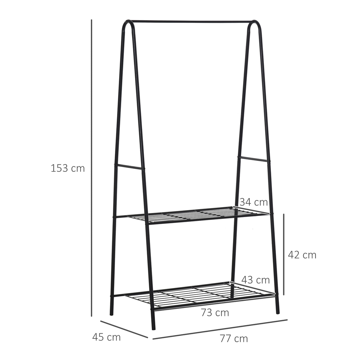 Metal Clothes Rack Coat Garment Hanger Hallway Organiser Hanging Rail Stand 2-tier Shoe Shelving A Shaped 77W x 45D x 153H cm Black