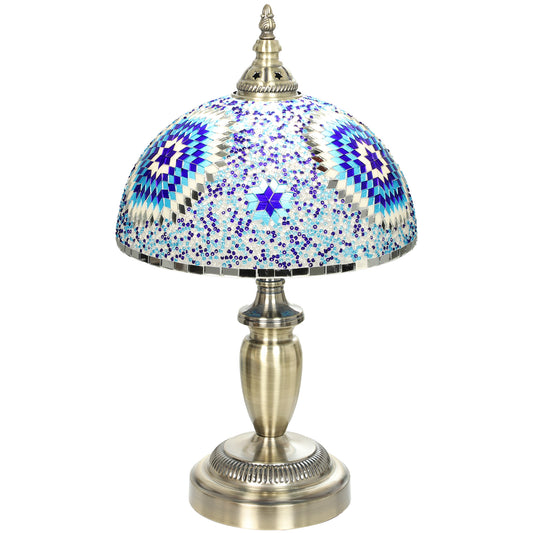 30cm Tiffany Lamp, Stained Glass Bedside Table Lamp with Button Switch and Metal Base, Blue