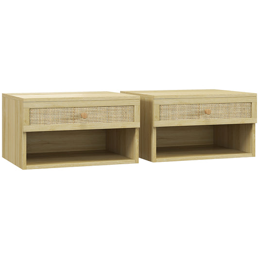 Set of Two Rattan Panel Floating Bedside Tables - Wood-Effect