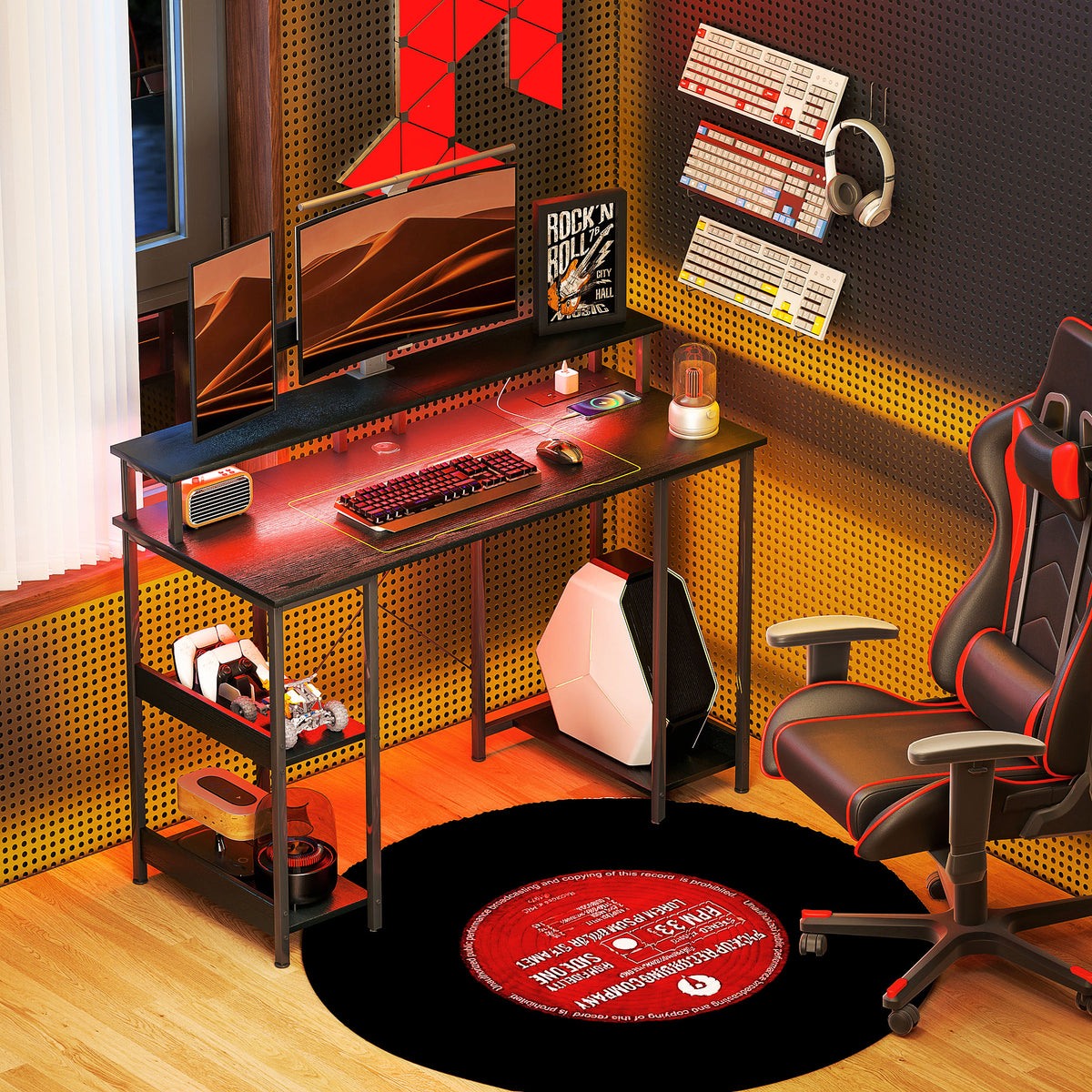 LED Computer Desk, with Power Outlets and Shelves