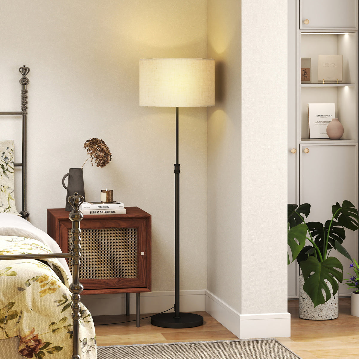 Floor Lamp with Remote, Height Adjustable Standing Lamp with Linen Shade, Dimmable with 3000K-6000K Adjustable Colour Temperatures, Foot Switch for Living Room Bedroom Office