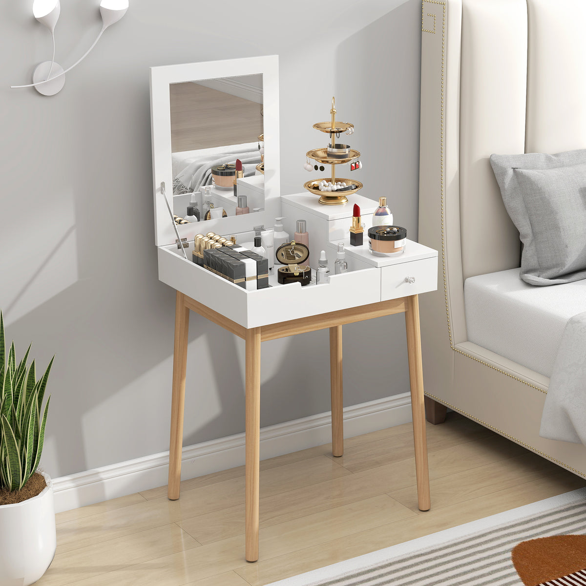 Dressing Table with Flip-up Mirror, Makeup Desk with 2 Drawers and Pine Wood Legs, Vanity Table Writing Desk for Bedroom Living Room