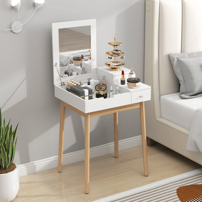 Dressing Table with Flip-up Mirror, Makeup Desk with 2 Drawers and Pine Wood Legs, Vanity Table Writing Desk for Bedroom Living Room