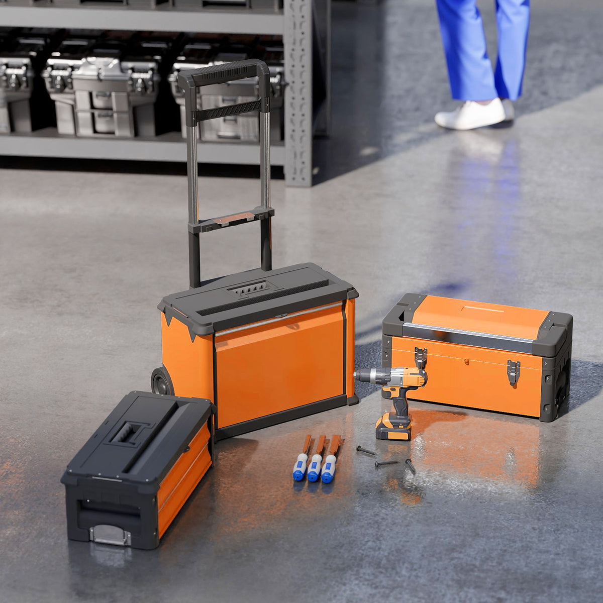 3-in-1 Stackable Rolling Tool Box - Orange