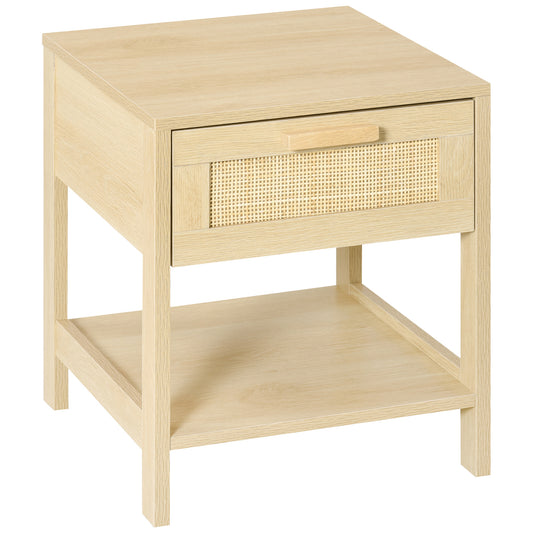 Nightstand with Rattan Drawer and Storage Shelf, Bedside End Table for Bedroom, Living Room