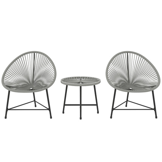 3 Pieces Rattan Bistro Set, Garden Bistro Set with Acapulco Chairs and Glass Top Table, Small Garden Furniture Set with Reinforced Metal Frame for Outdoor, Patio, Balcony, Grey