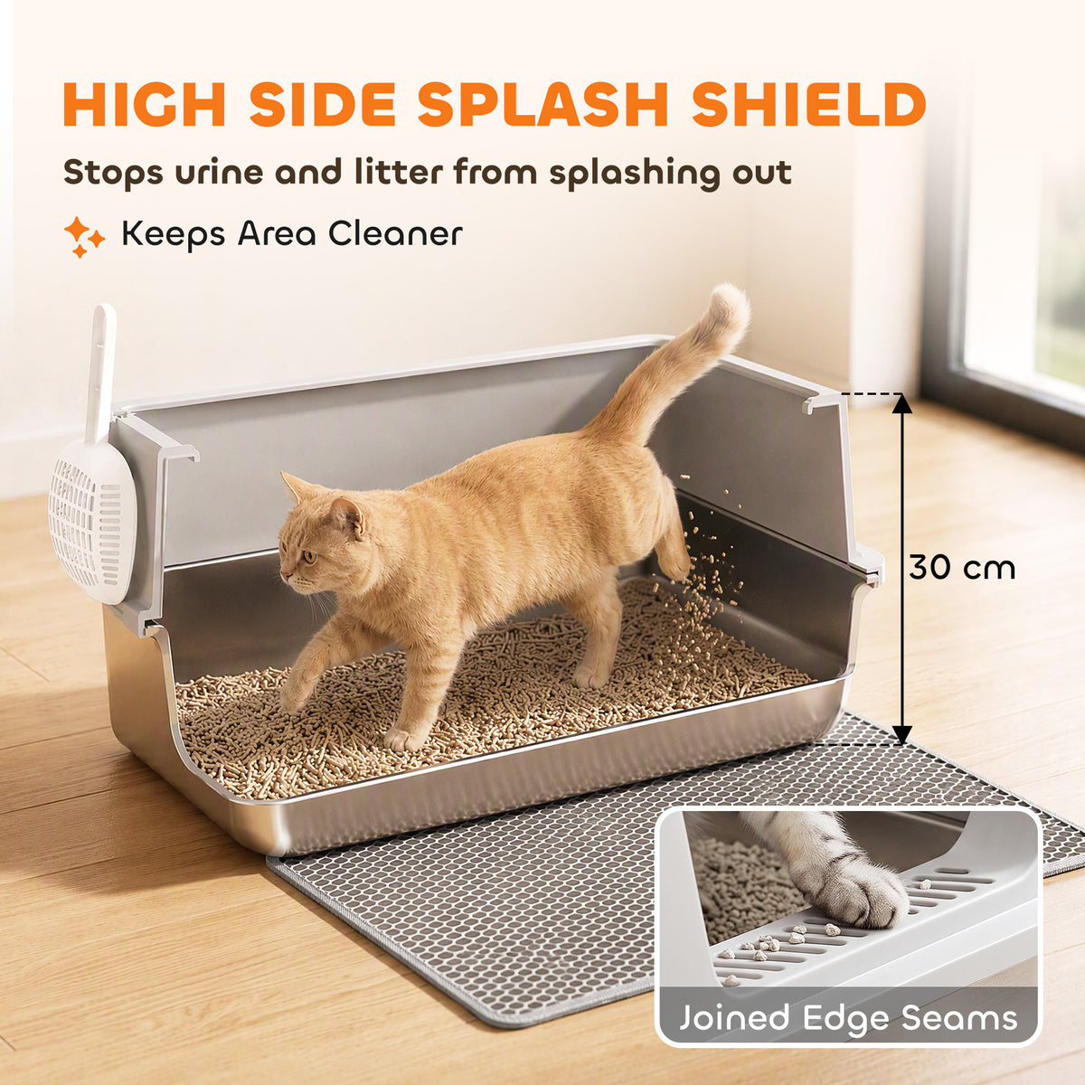 XL Stainless Steel Cat Litter Tray with Lid, High Sided Cat Litter Box with Scoop and Mat, Light Grey