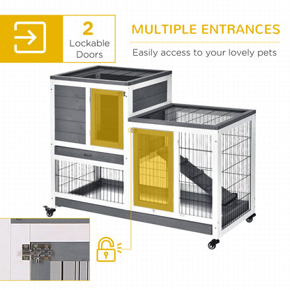 Wooden Indoor Rabbit Hutch Guinea Pig House Bunny Small Animal Cage W/ Wheels Enclosed Run 110 x 50 x 88 cm