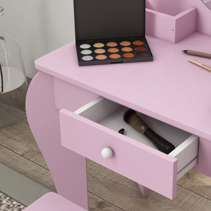 Kids Vanity Table with Mirror, Stool, Drawer, Storage Boxes, Cat Design, for Ages 3-6 Years - Pink