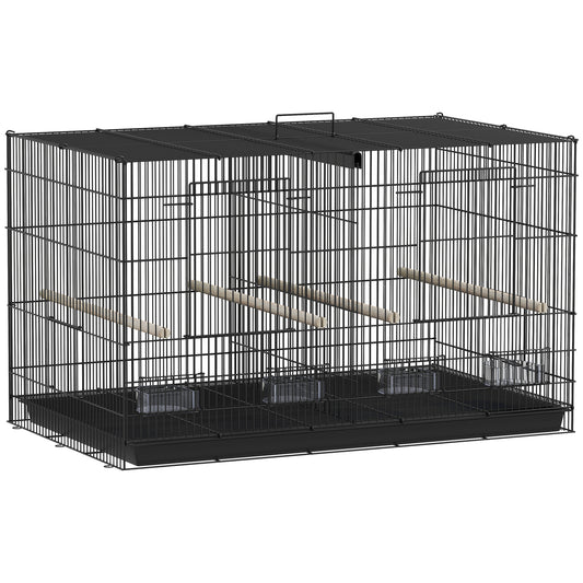 Bird Cage with Divider, 4 Wooden Perches, Slide Out Tray, 4 Feeders, for Budgie, Lovebird, Canary, 76 x 46 x 46cm, Black