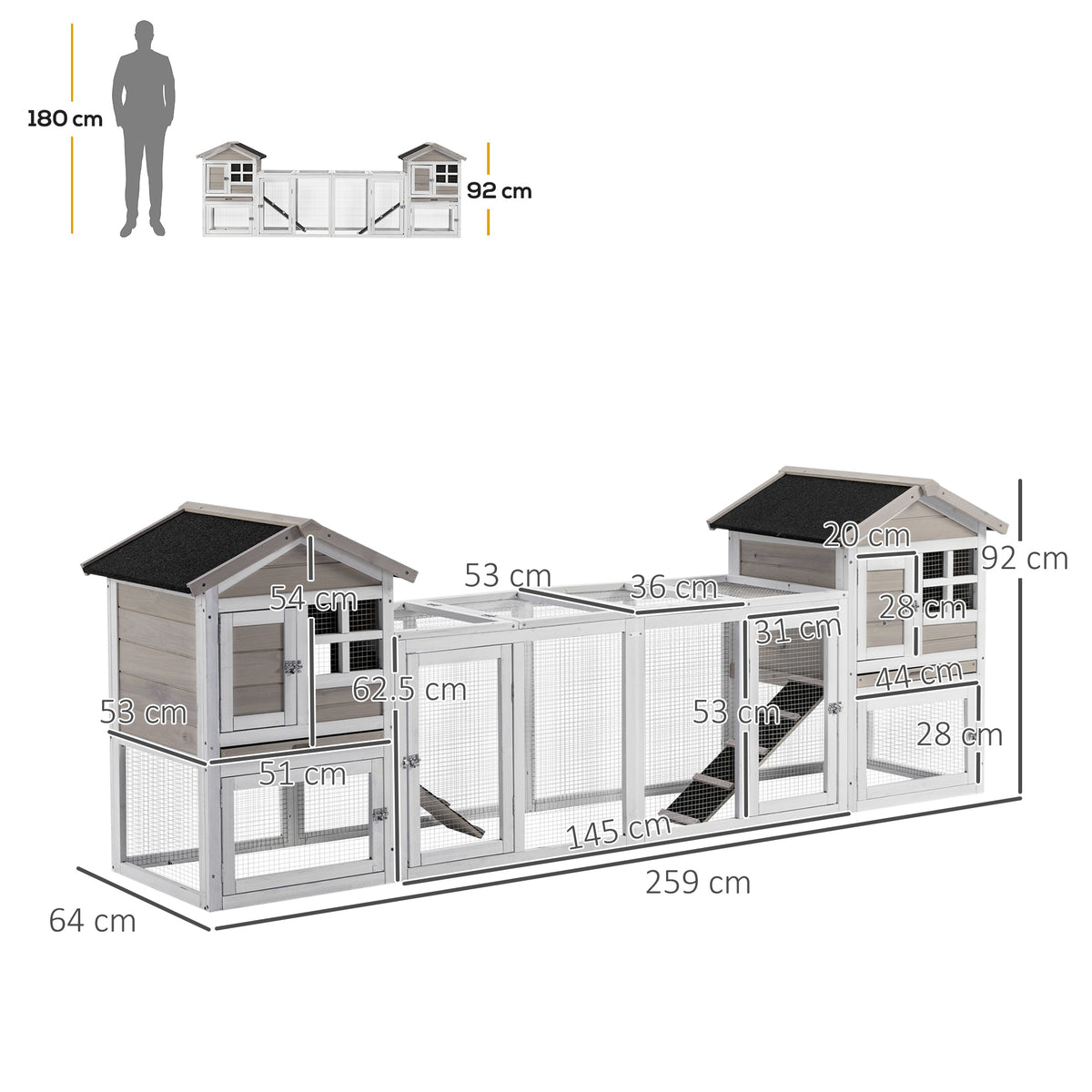 2 in 1 Rabbit Hutch Outdoor Guinea Pig Hutch Bunny Run Double Main House with Run, No-Leak Tray 259 x 64 x 92cm, Grey