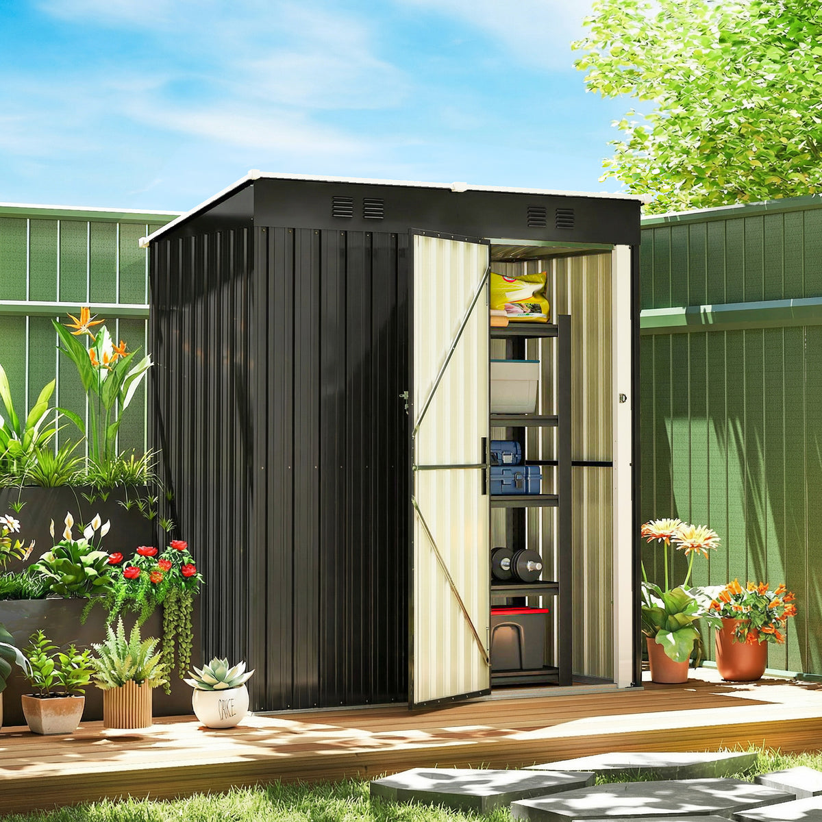 5 x 3 ft Lean-to Garden Shed, Outdoor Storage Shed with Lockable Door and Vents