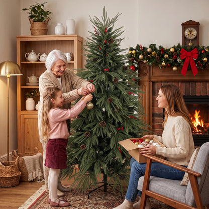 6ft Artificial Christmas Tree with Pinecones, Red Berries, Hinged Predecorated Xmas Tree with 2843 Branch Tips