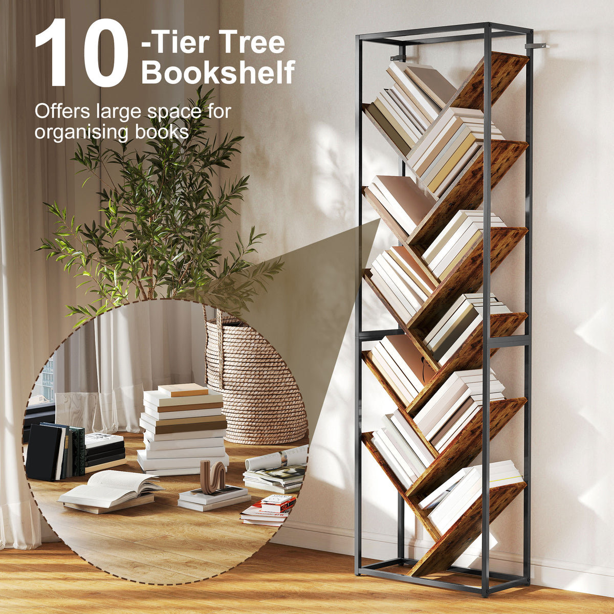 10 Shelf Industrial-Style Bookshelf - Black/Brown