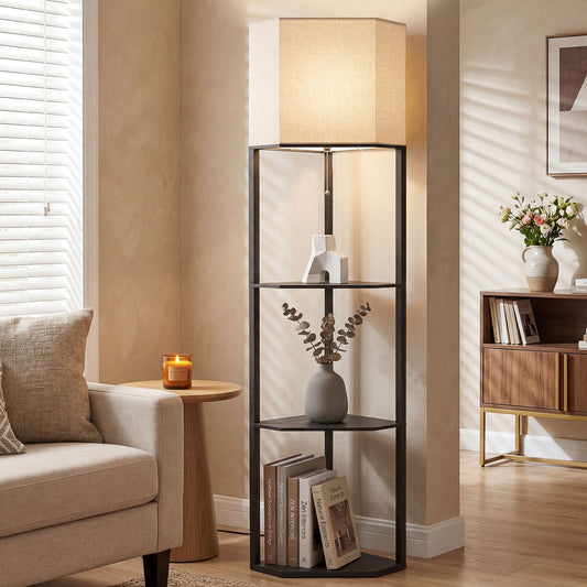 Corner Floor Lamp with Shelves, Tall Standing Lamps for Living Room, with Pull Chain Switch Bulb not Included, Black