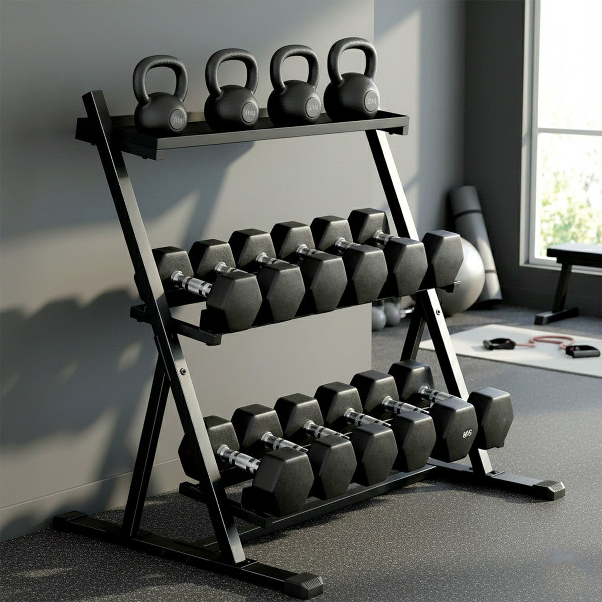 3-Tier Adjustable Dumbbell Rack, Heavy-Duty Weight Rack for Dumbbells, Kettlebells and Multiple Balls, Space-Saving Weight Storage Stand for Home Gym, 200 KG Capacity