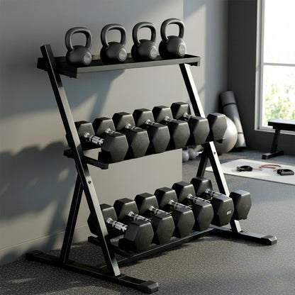 3-Tier Adjustable Dumbbell Rack, Heavy-Duty Weight Rack for Dumbbells, Kettlebells and Multiple Balls, Space-Saving Weight Storage Stand for Home Gym, 200 KG Capacity