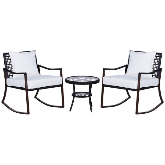 Rattan Bistro Set, 3 Pieces Wicker Garden Furniture Set with Rocking Chairs and Round Glass Top Coffee Table, Small Balcony Furniture with Cushions for Outdoor, Porch, Brown