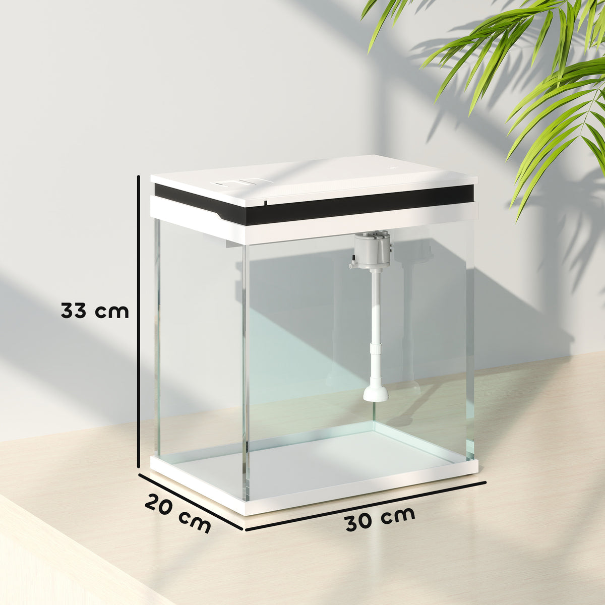 14L Glass Fish Tank With Filter System, LED Lights, Water Pump, White