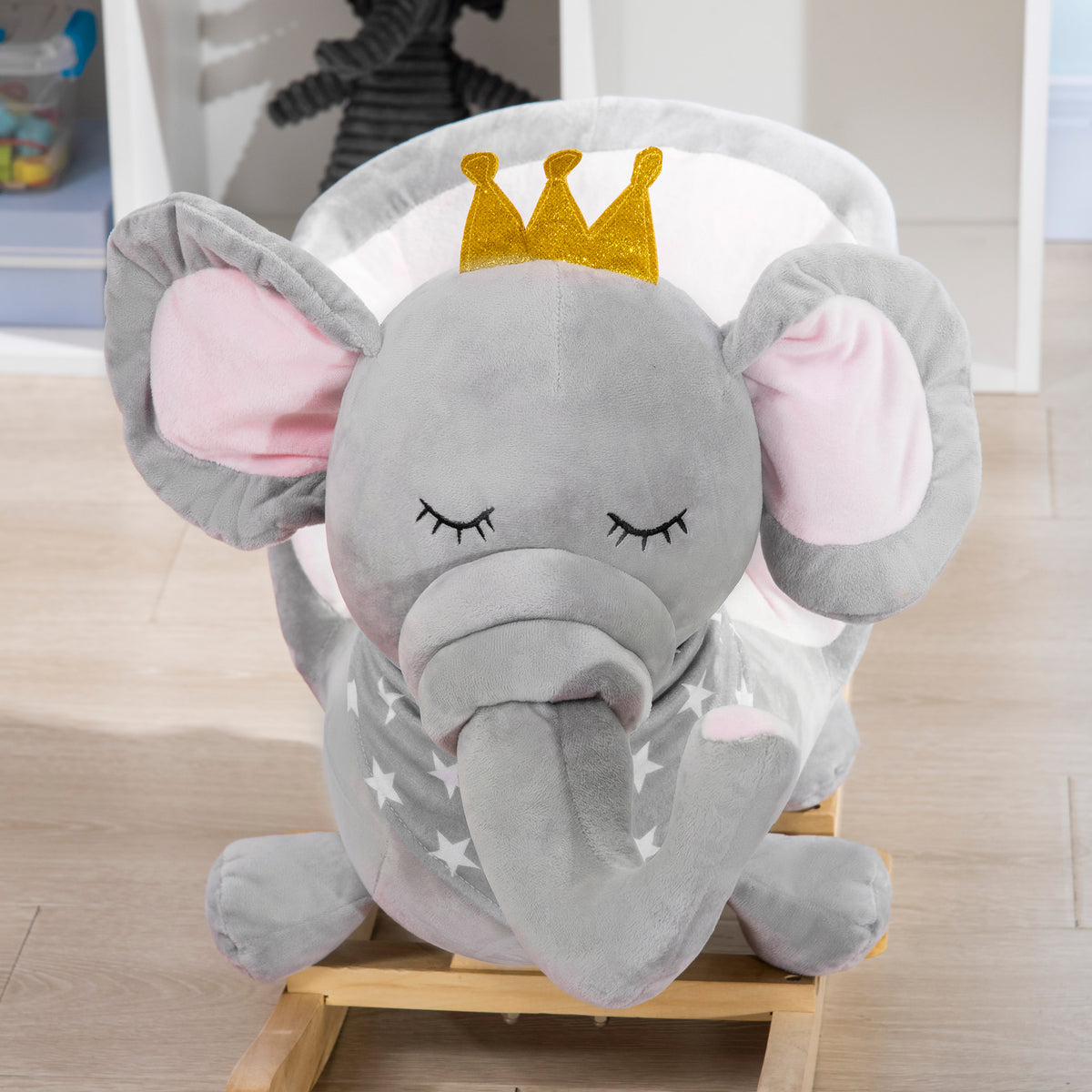 Kids Elephant-Designed Rocking Horse, with Safety Belt, Wooden Base, for Ages 18-36 Months - Grey