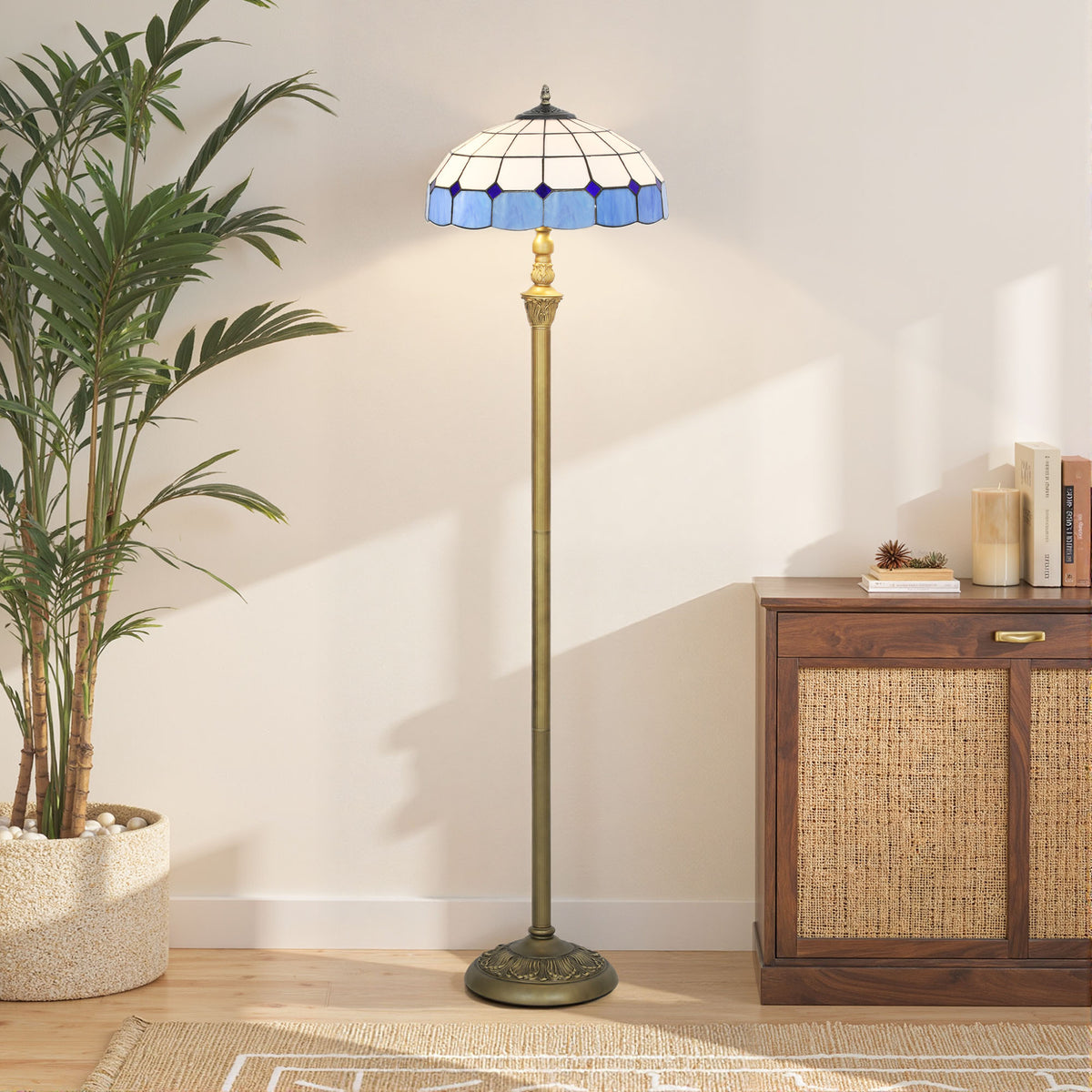 Tiffany-Style Floor Lamp with Handcrafted Stained Glass Shade, 152cm Tall Vintage Standing Lamp with Foot Switch and Dual Sockets for Living Room Bedroom