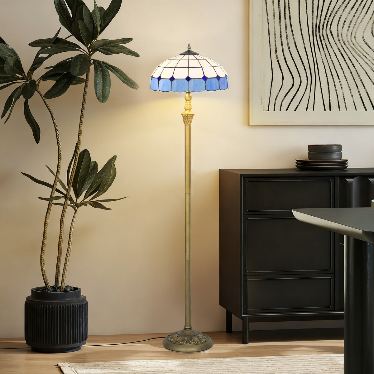 Tiffany-Style Floor Lamp with Handcrafted Stained Glass Shade, 152cm Tall Vintage Standing Lamp with Foot Switch and Dual Sockets for Living Room Bedroom