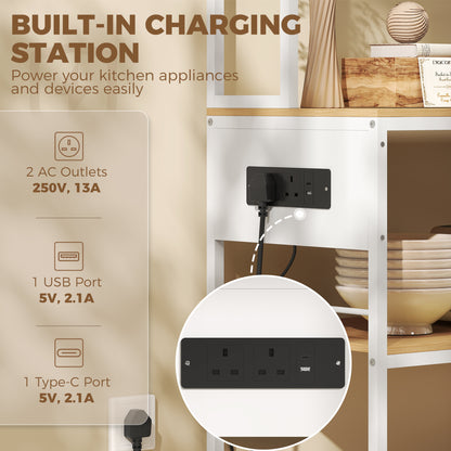Kitchen Storage Rack with Power Outlet, USB and Type-C Ports, Drawer, Shelves and 4 Hooks, Oak and White