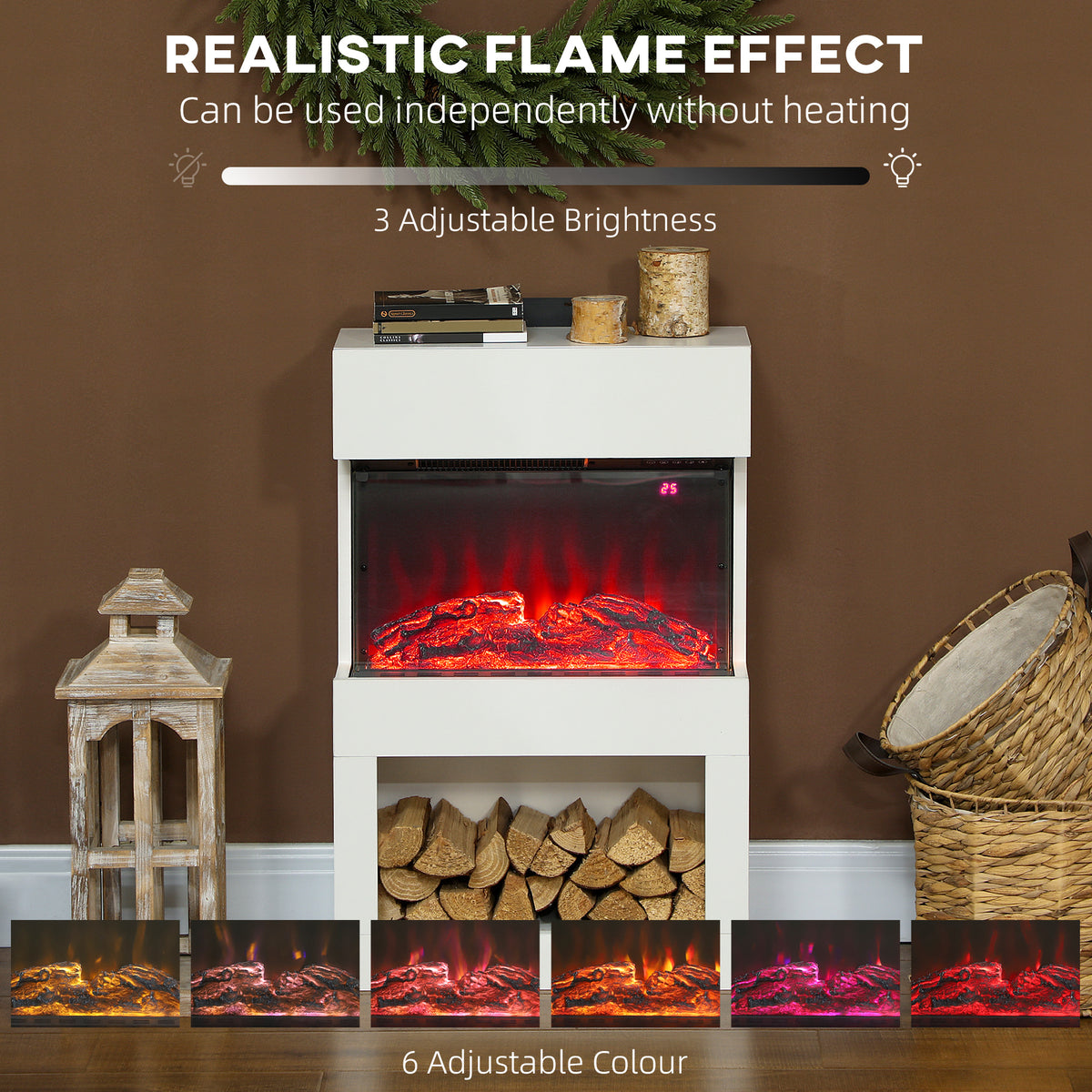 19" Electric Fireplace with Surround, 3D Flame Effect, 6 Colours & 3 Brightness Levels, 1000W/2000W White Electric Fire and Mantel Reach up to 30㎡ Space with Remote & Timer, 3 Sided View