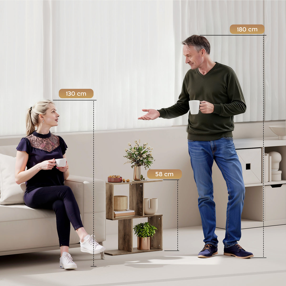 Side Table, Narrow End Table with Storage Shelves, S-Shaped, 3-Tier, 50W x 19.5D x 58H cm