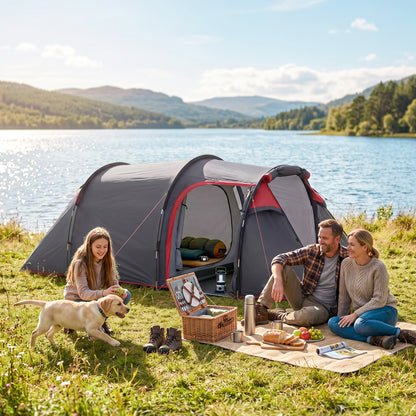 2 Man Tunnel Tent with Sewn-in Groundsheet, Air Vents, Rainfly, 2000mm Large Camping Tent with Bedroom, Porch, Living Area for Camping, Hiking, 426L x 206W x 154H cm