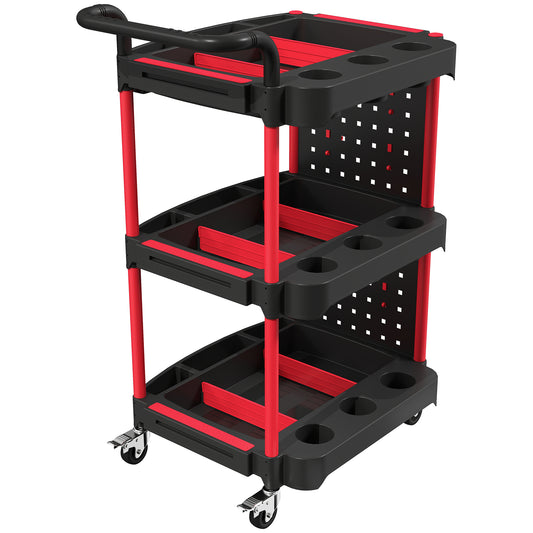3-Tier Rolling Tool Cart with Pegboard and Hooks, Storage Trolley Wheel Cart with Brakes, Black & Red