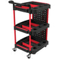 3-Tier Rolling Tool Cart with Pegboard and Hooks, Storage Trolley Wheel Cart with Brakes, Black & Red