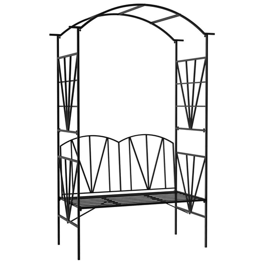 Garden Bench, 2 Seater Outdoor Patio Bench, Metal Garden Loveseat with Arch for Vines and Climbing Plants, Black