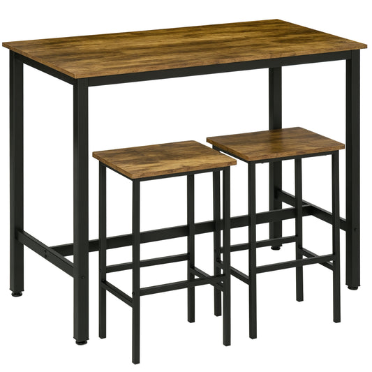 120x60cm Bar Table Set, Breakfast Table with 2 Stools, 3-Piece Counter Height Dining Table & Chairs for Kitchen, Living Room, Rustic Brown