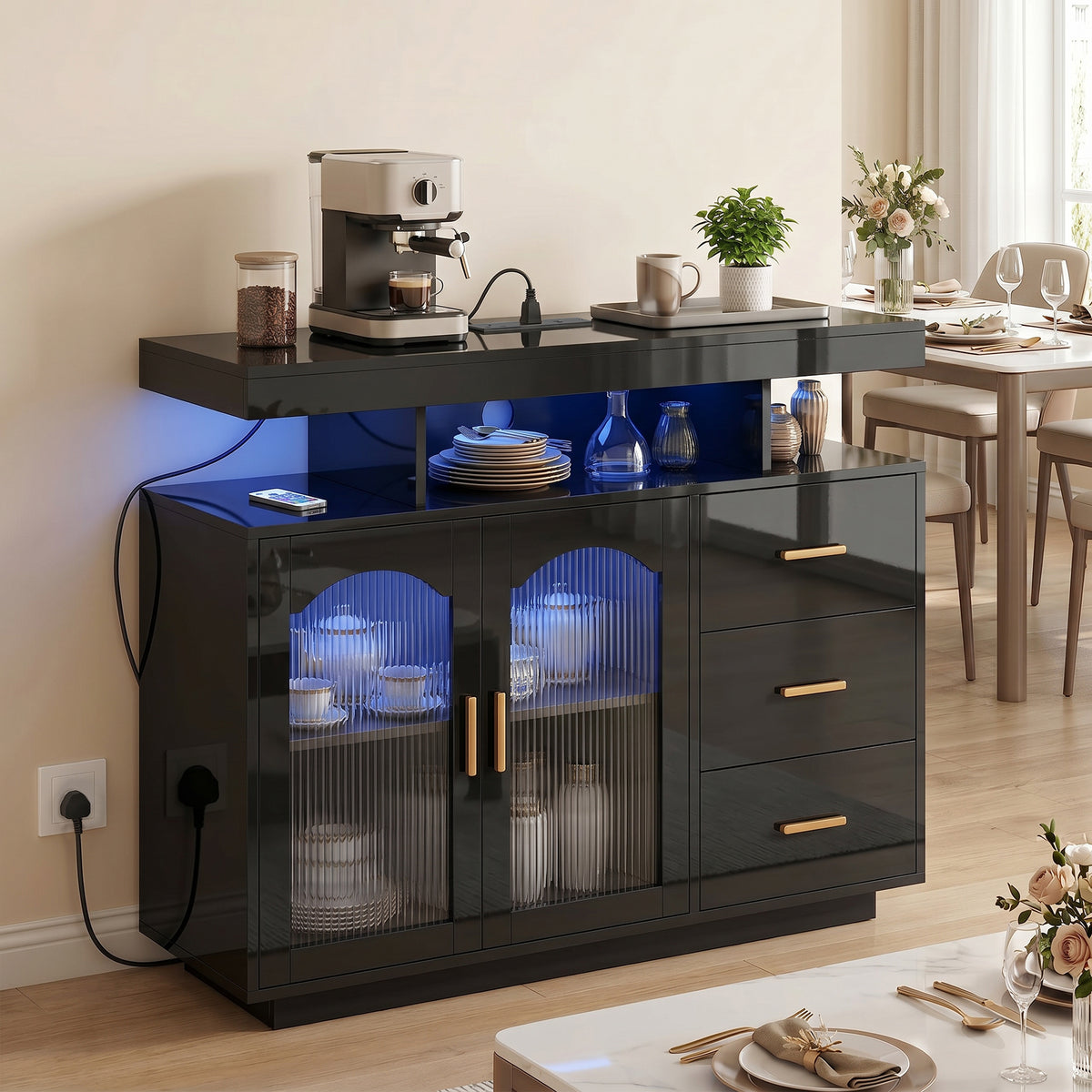 High Gloss Sideboard with LED Lights, Built-in Power Outlets, 3 Drawers, Shelves and 2 Acrylic Doors