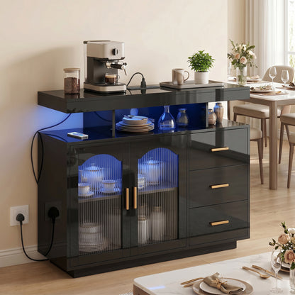High Gloss Sideboard with LED Lights, Built-in Power Outlets, 3 Drawers, Shelves and 2 Acrylic Doors