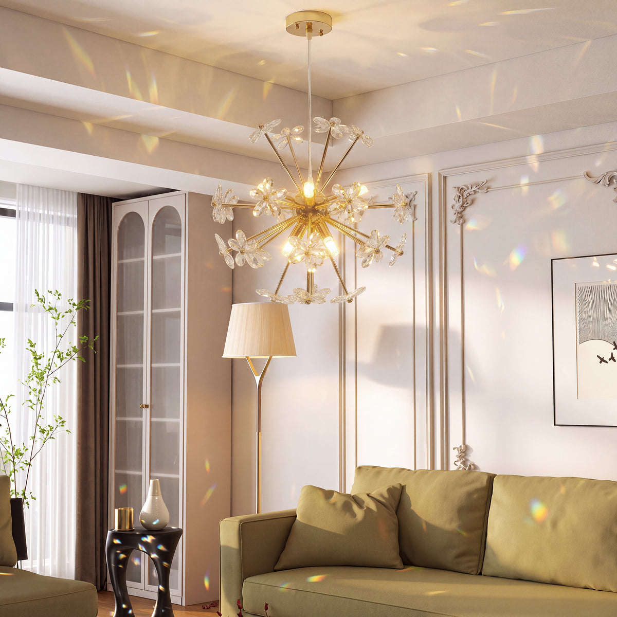 Crystal Chandeliers Ceiling Light with Flower, Modern Pendant Light with Adjustable Height, Ceiling Plate, Clear
