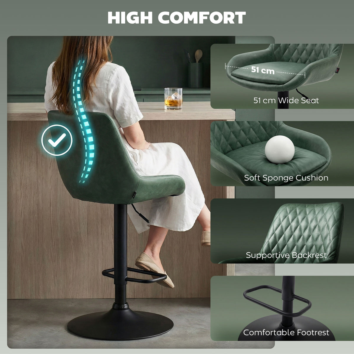 Retro Bar Stools Set of 2, Adjustable Kitchen Stool, Upholstered Bar Chairs with Back, Swivel Seat, Green