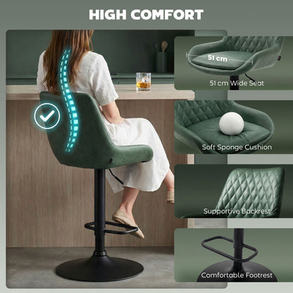 Retro Bar Stools Set of 2, Adjustable Kitchen Stool, Upholstered Bar Chairs with Back, Swivel Seat, Green