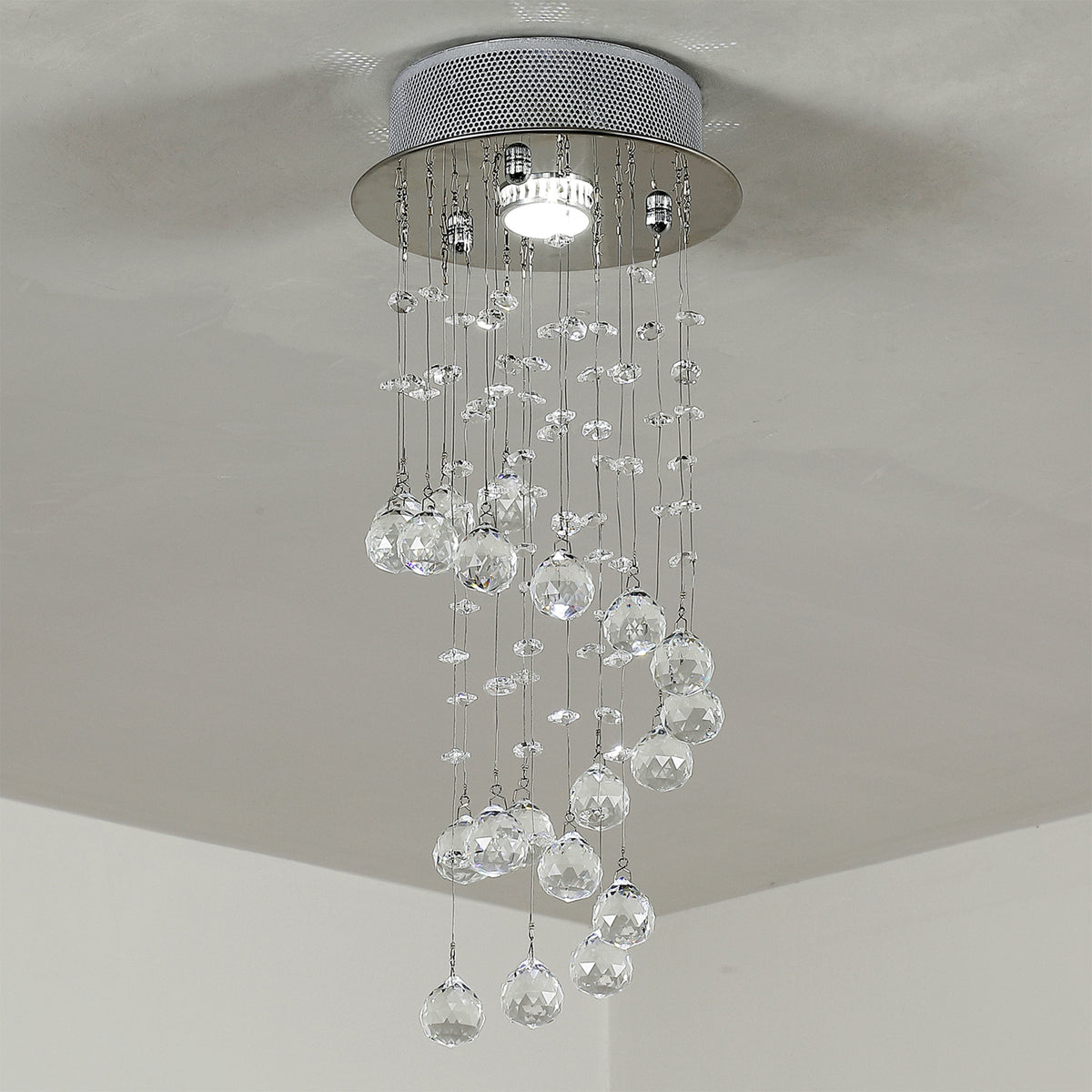 Metal Crystal Ceiling Light Chandelier Pendant Lamp Living Room Stairway Spiral Rain Drop Pendant Lamp Silver