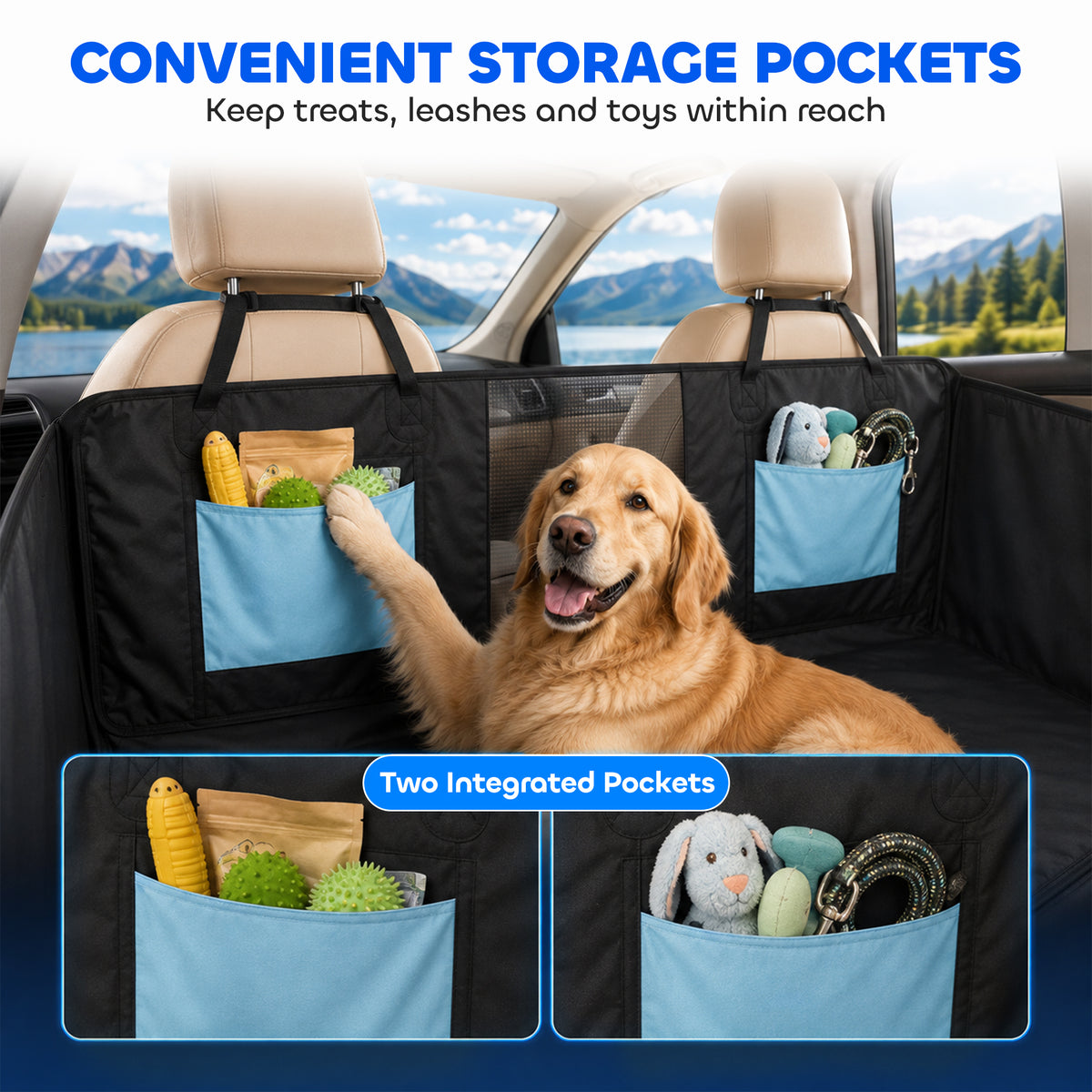 Dog Car Seat Cover, Waterproof Dog Travel Hammock w/ Non-Slip & Anti-Scratch Surface, Mesh Window and Pockets, Blue