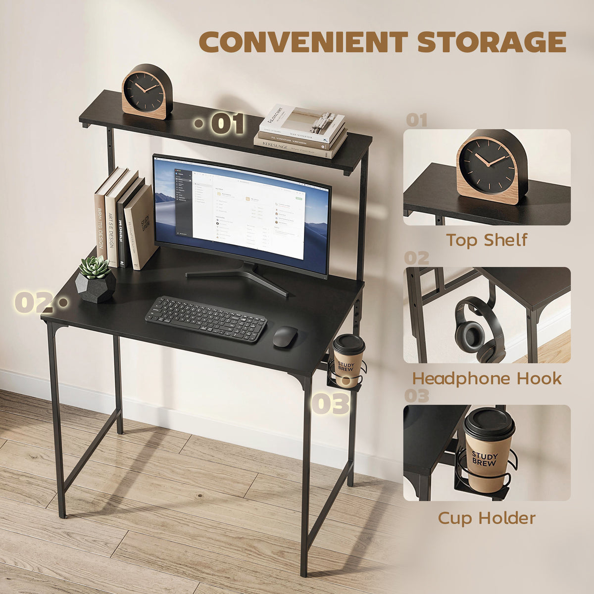 Computer Desk, 80cm Home Office Study Table with Hutch Shelf, Cup Holder, Headphone Hook