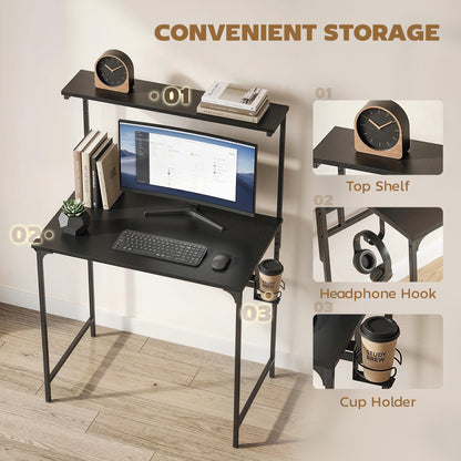 Computer Desk, 80cm Home Office Study Table with Hutch Shelf, Cup Holder, Headphone Hook