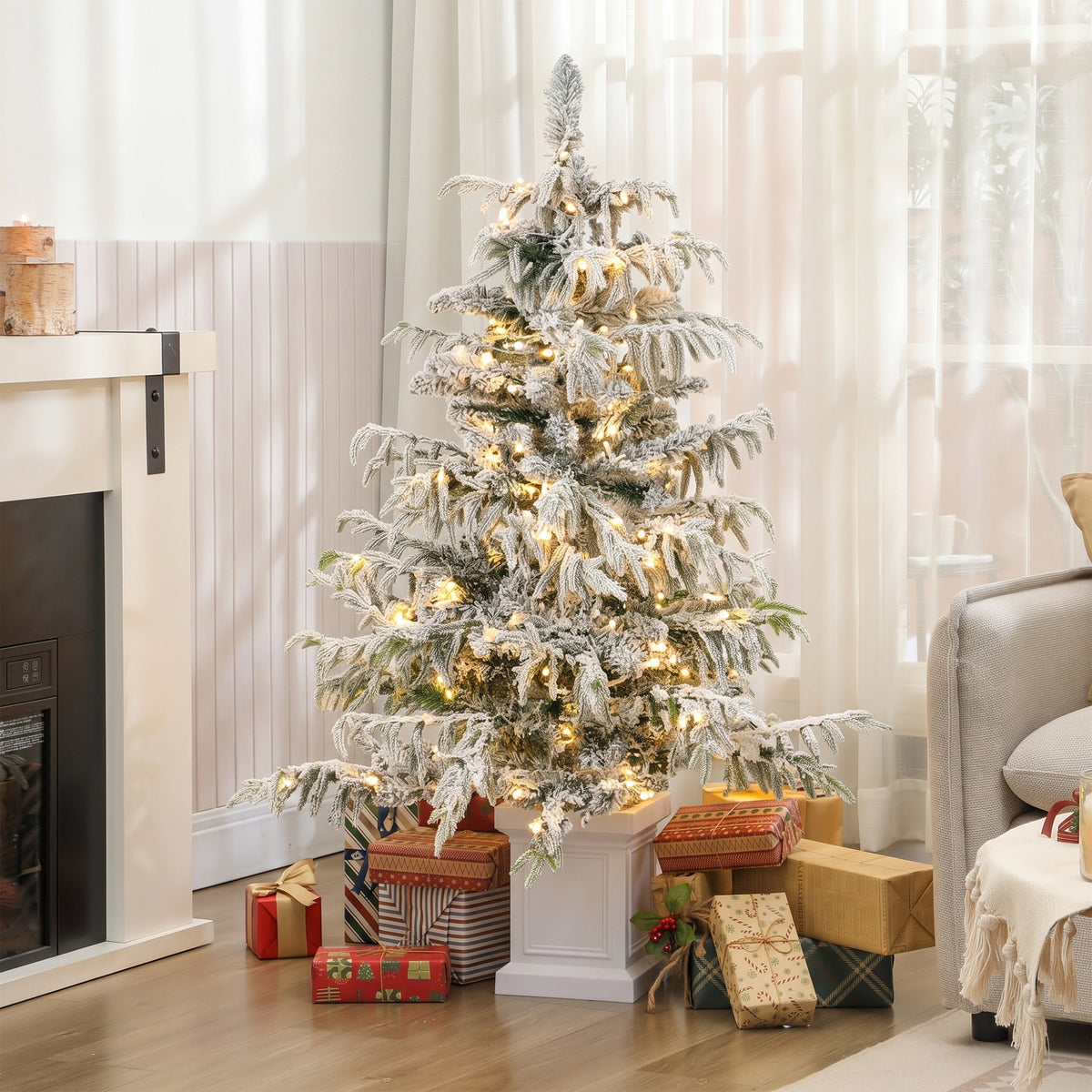 4ft Prelit Flocked Christmas Tree, Artificial Snow Flocked Spruce with 160 Warm White LED Lights, 8 Modes, Green