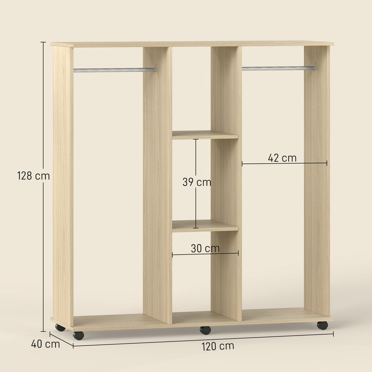 Open Wardrobe Double Mobile Storage Shelves Organizer W/6 Wheels-Natural