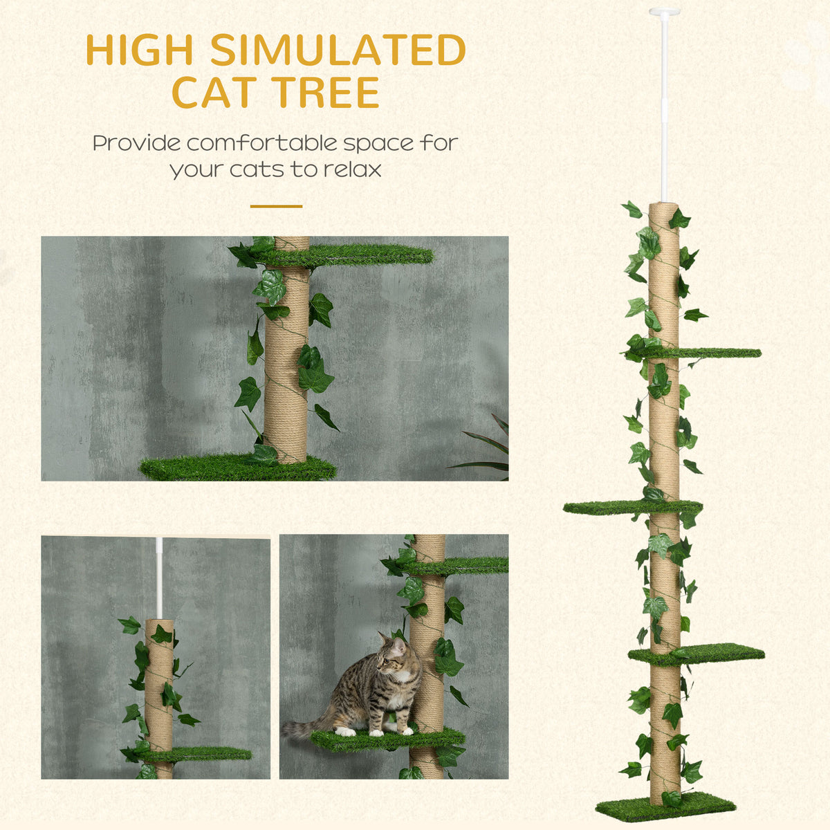 242cm Adjustable Floor-To-Ceiling Cat Tree, with Artificial Decoration, Perches, Anti-Slip Kit - Green