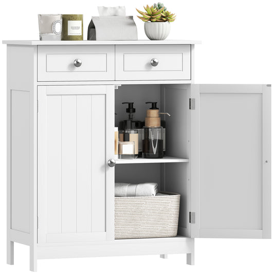 75x60cm Freestanding Bathroom Storage Cabinet Unit w/ 2 Drawers Cupboard Adjustable Shelf Metal Handles Traditional Style White