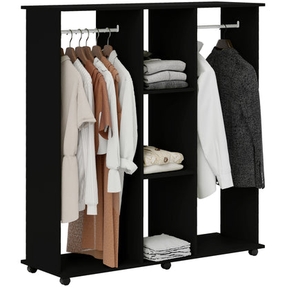 Open Wardrobe Double Mobile Storage Shelves Organizer W/6 Wheels-Black